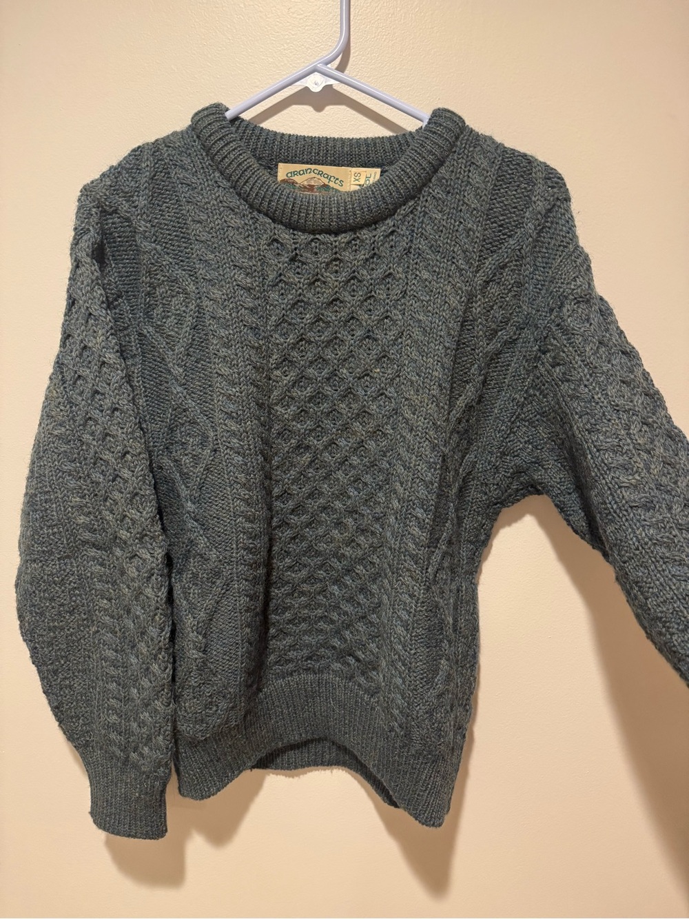 IRISH Wool Sweater XS Blue Green Cable Knit Handmade Irish Wool